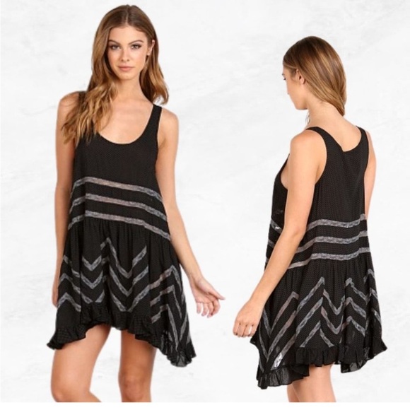 Free People Dresses & Skirts - FREE PEOPLE ~ Black Polka Dot Trapeze Dress with Grey Lace Inserts